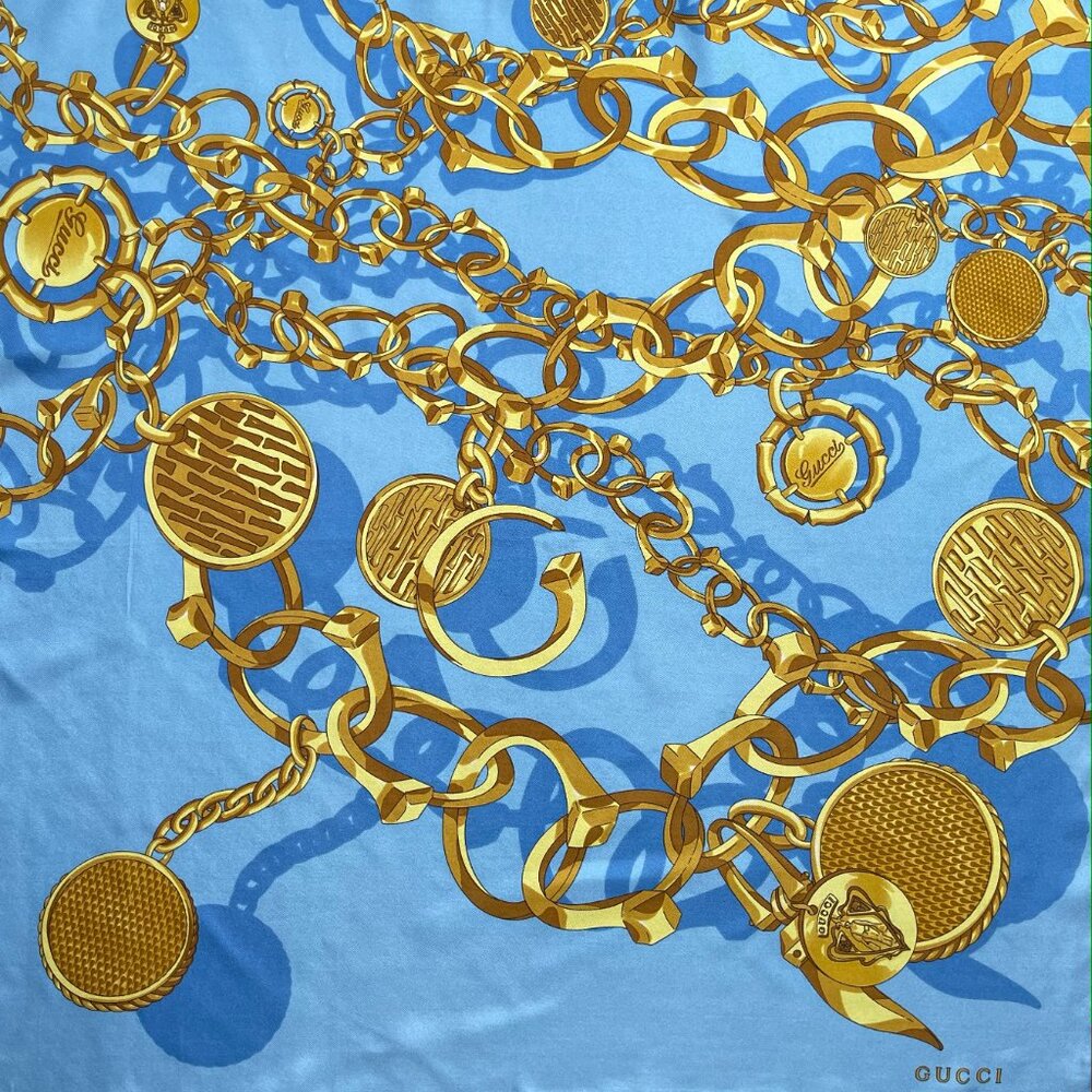 Gucci Logo Chains Blue Gold Silk Twill Scarf - Picture 10 of 11